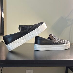 J Slides Black and White Woven Slip-On Sneakers